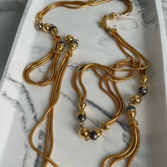Tri Strand Gold Chain and Bead Long Necklace - Picture 4 of 6
